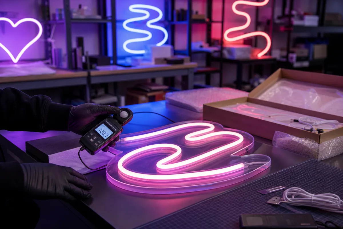 Contrôle qualité d'un néon LED sur mesure avant expédition
