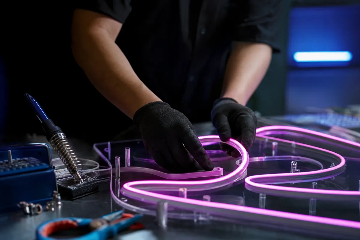 Artisan Flexcolor façonnant un néon LED flexible sur backing acrylique