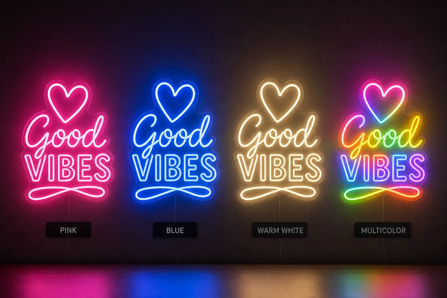 Échantillons néon multicolores rose bleu blanc chaud sur mur sombre