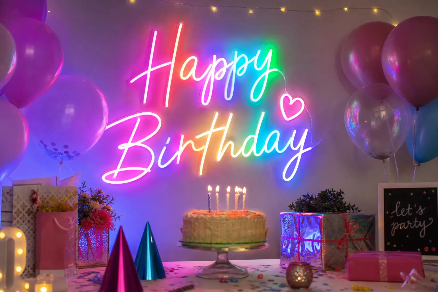 Néon Happy Birthday dans un salon décoré, cadeau anniversaire LED