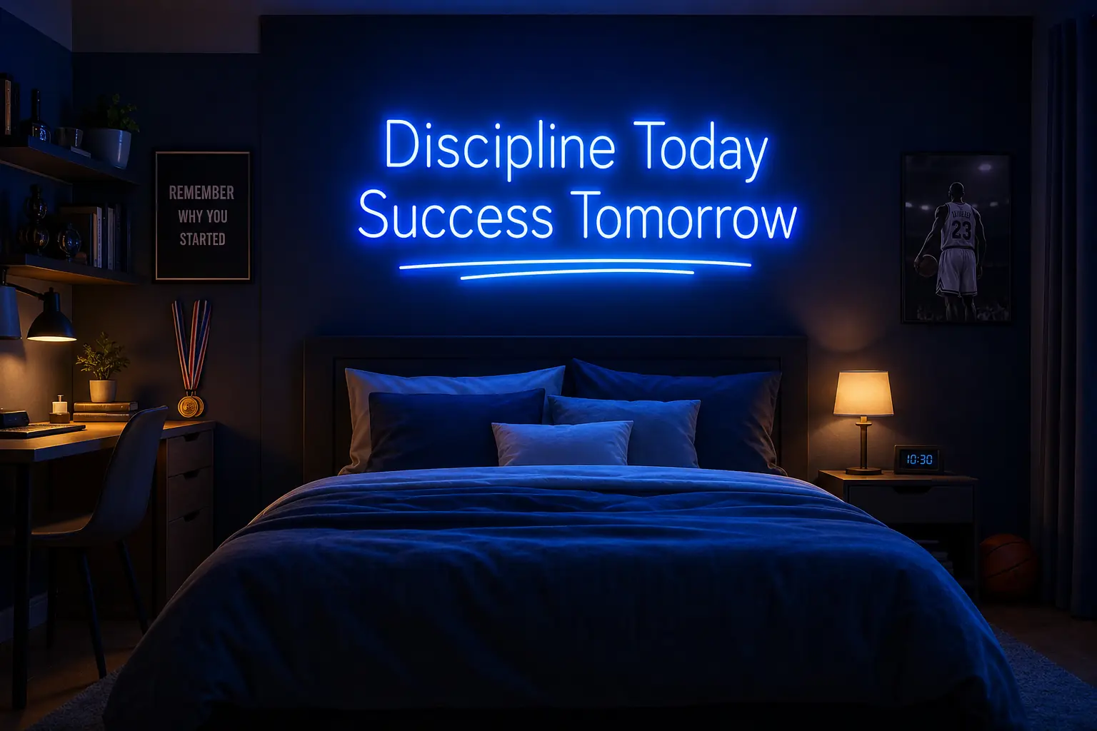 Citation néon au-dessus d'un lit dans une chambre cosy, ambiance LED