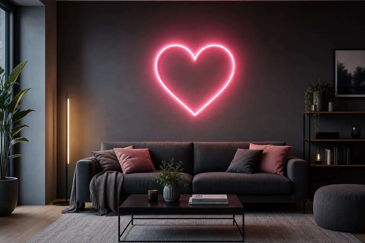 Symbole cœur néon rose sur mur gris dans un salon moderne