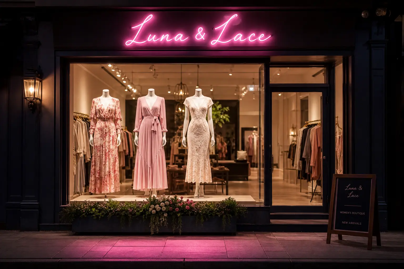 Nom de boutique en néon dans une vitrine retail, signalétique lumineuse