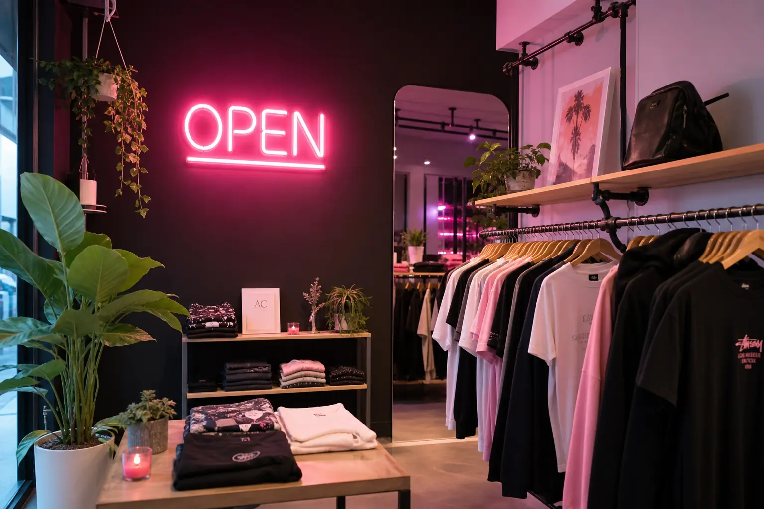 Néon Open rose dans une boutique mode, décoration vitrine commerciale