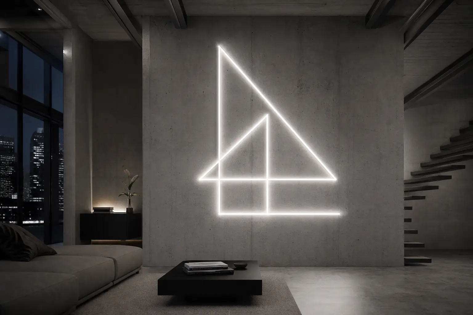 Néon minimaliste géométrique sur mur béton, design contemporain