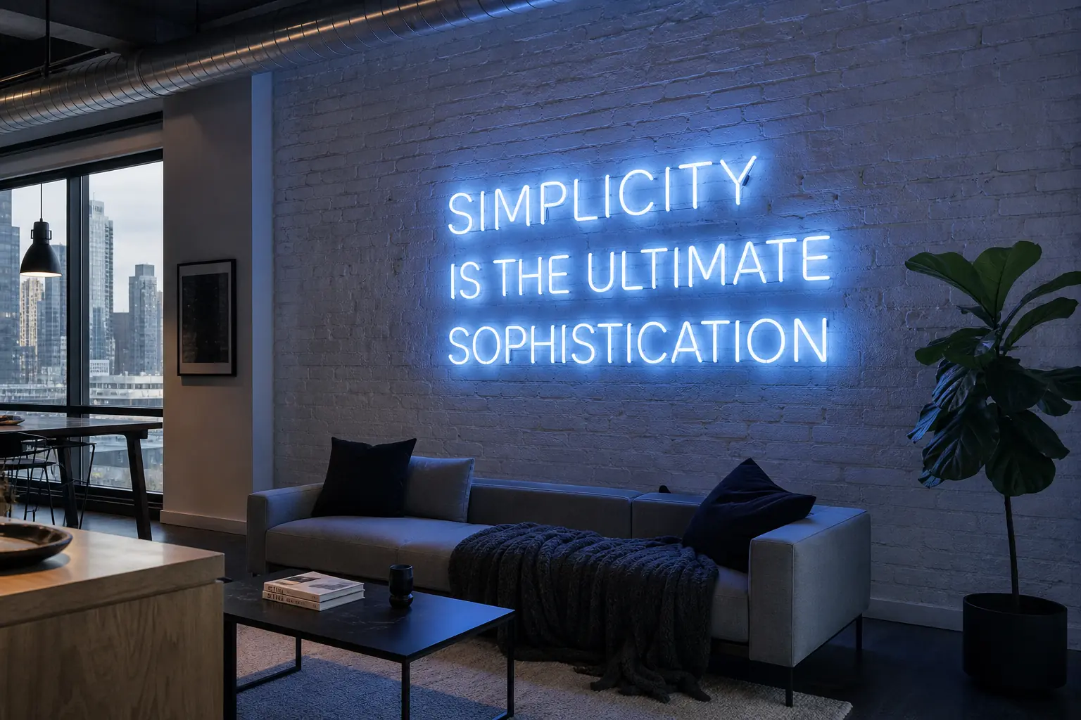 Citation typographie moderne en néon blanc froid, loft contemporain