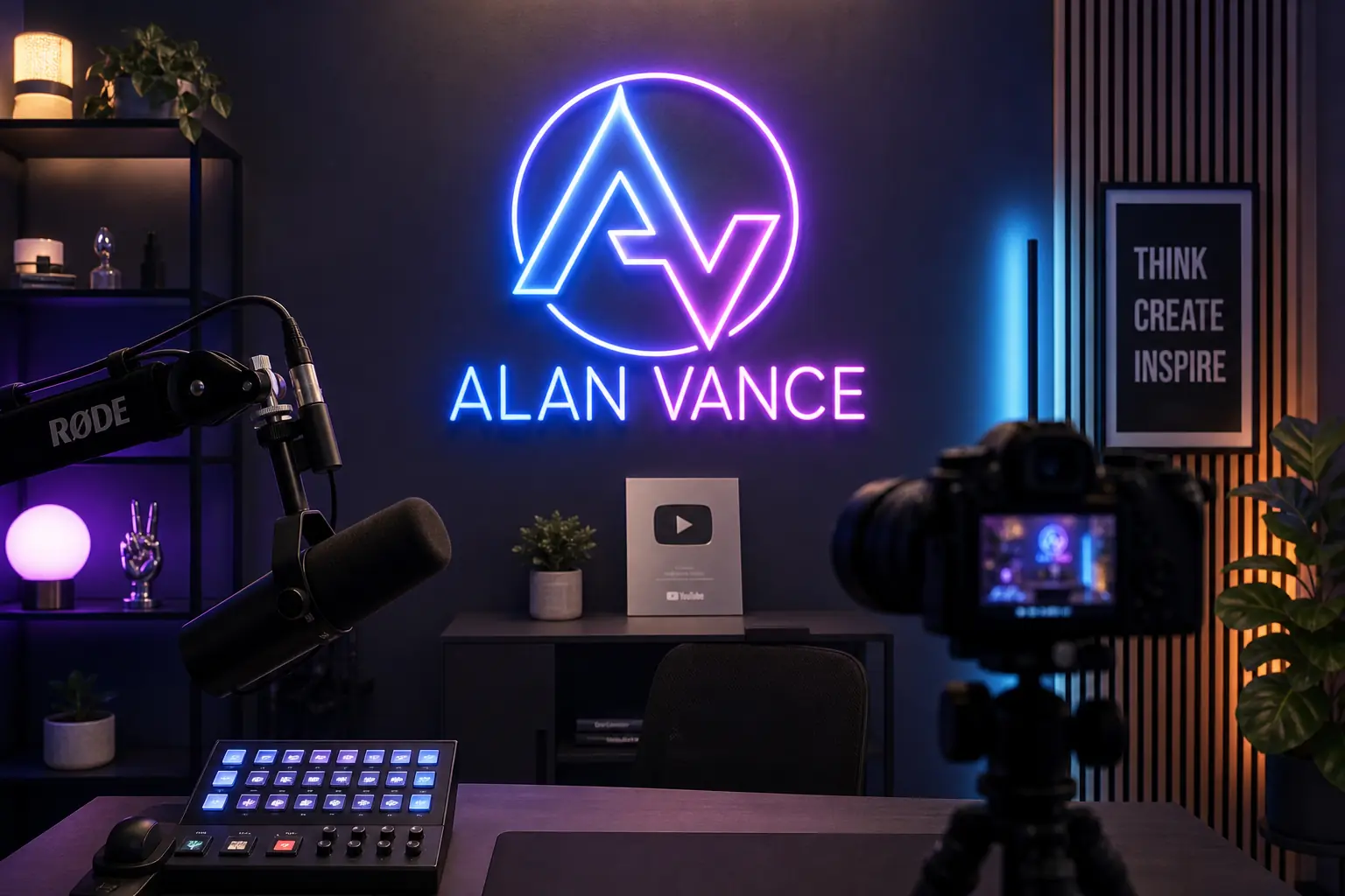 Logo chaîne néon en backdrop streaming, studio Twitch YouTube