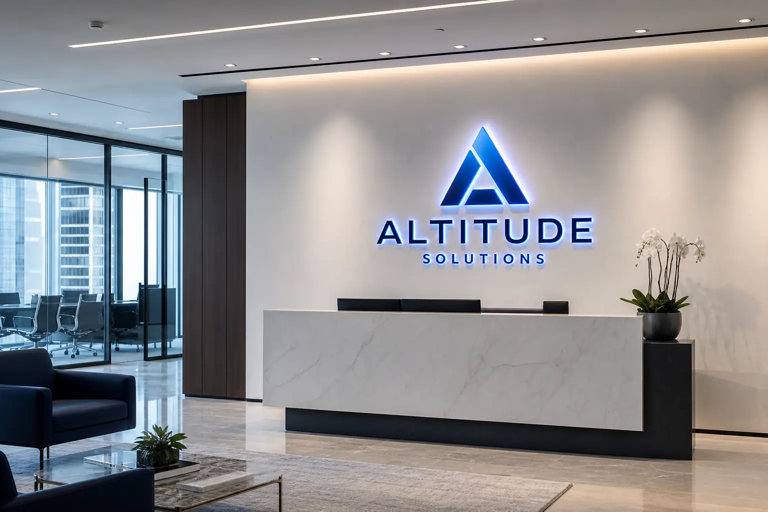 Logo entreprise en néon LED dans un hall d'accueil moderne