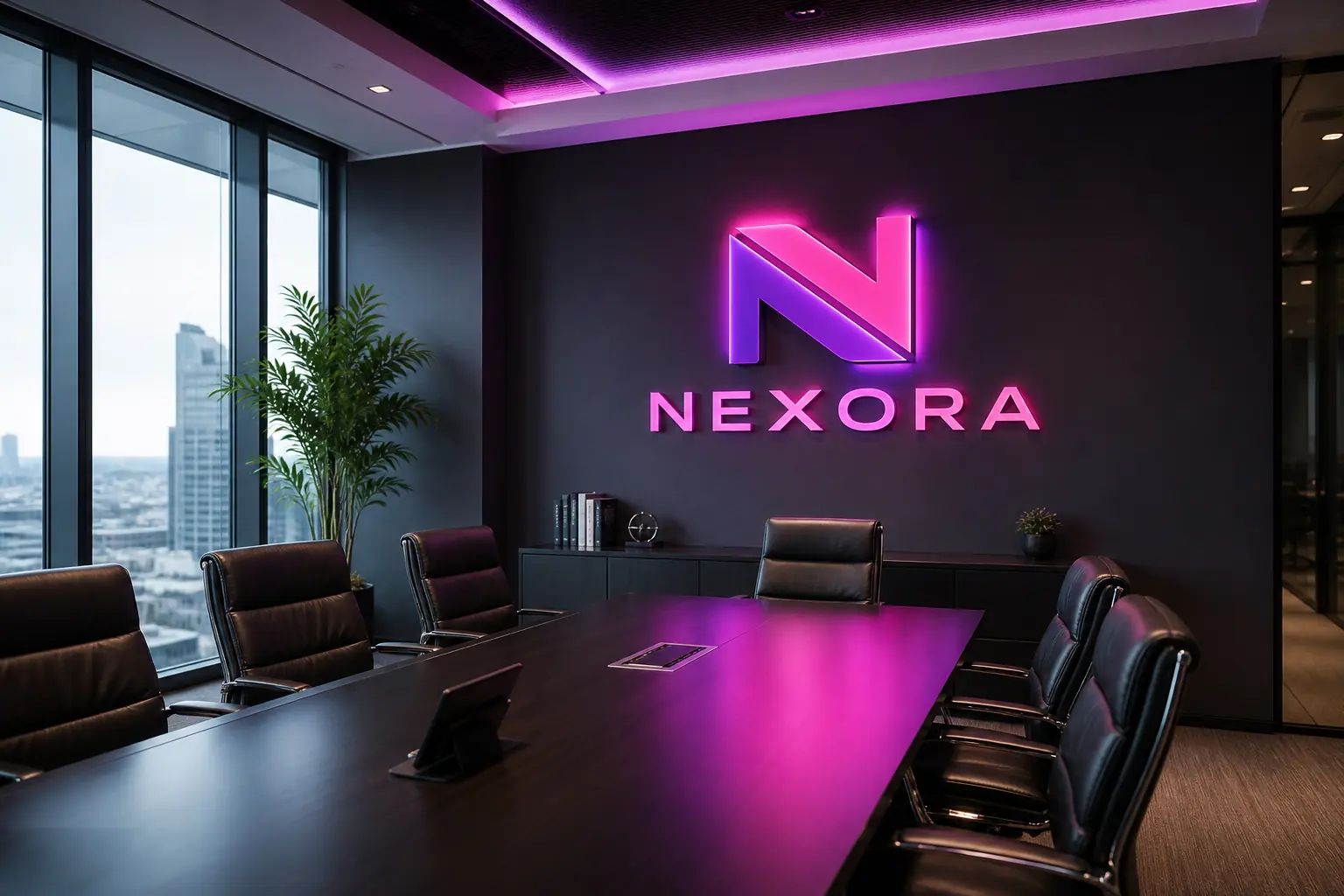 Enseigne néon marque dans une salle de réunion corporate