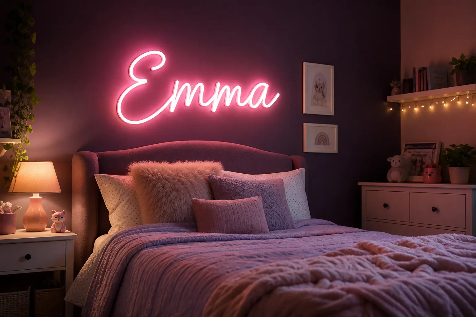 Néon prénom rose script dans une chambre d'enfant, lumière LED douce