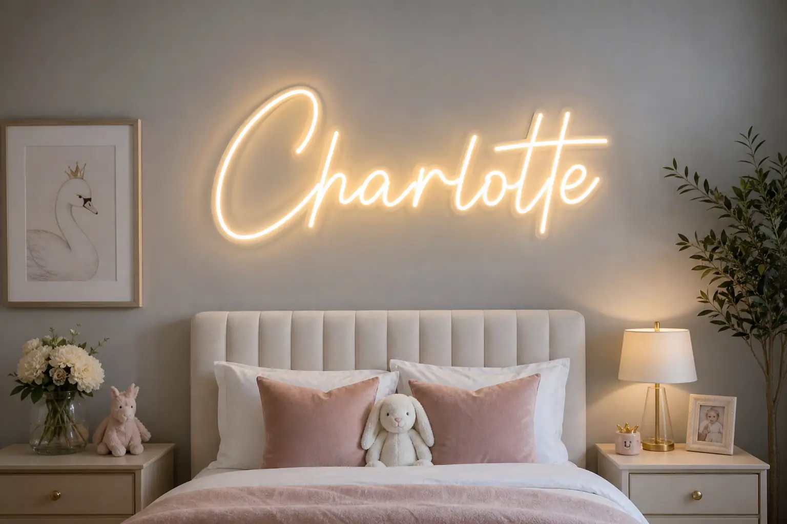Néon prénom blanc chaud au-dessus d'un lit, décoration murale personnalisée